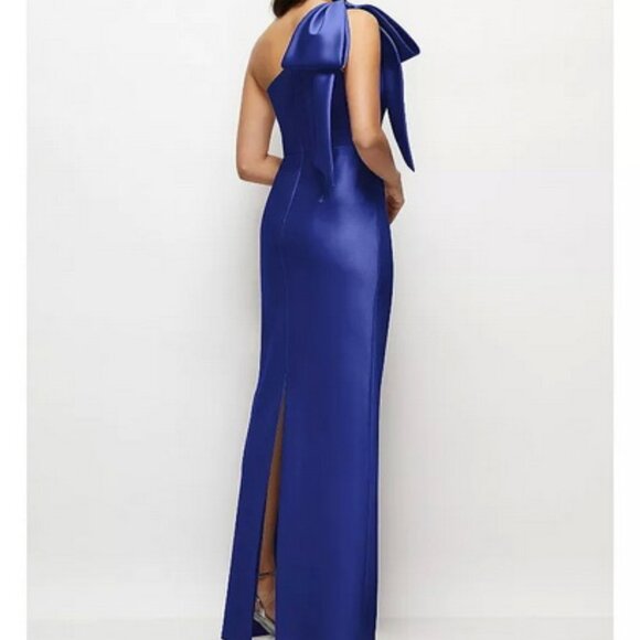 Alfred Sung Cobalt Blue Bow One-Shoulder Satin Column Gown D861 - Picture 2 of 4